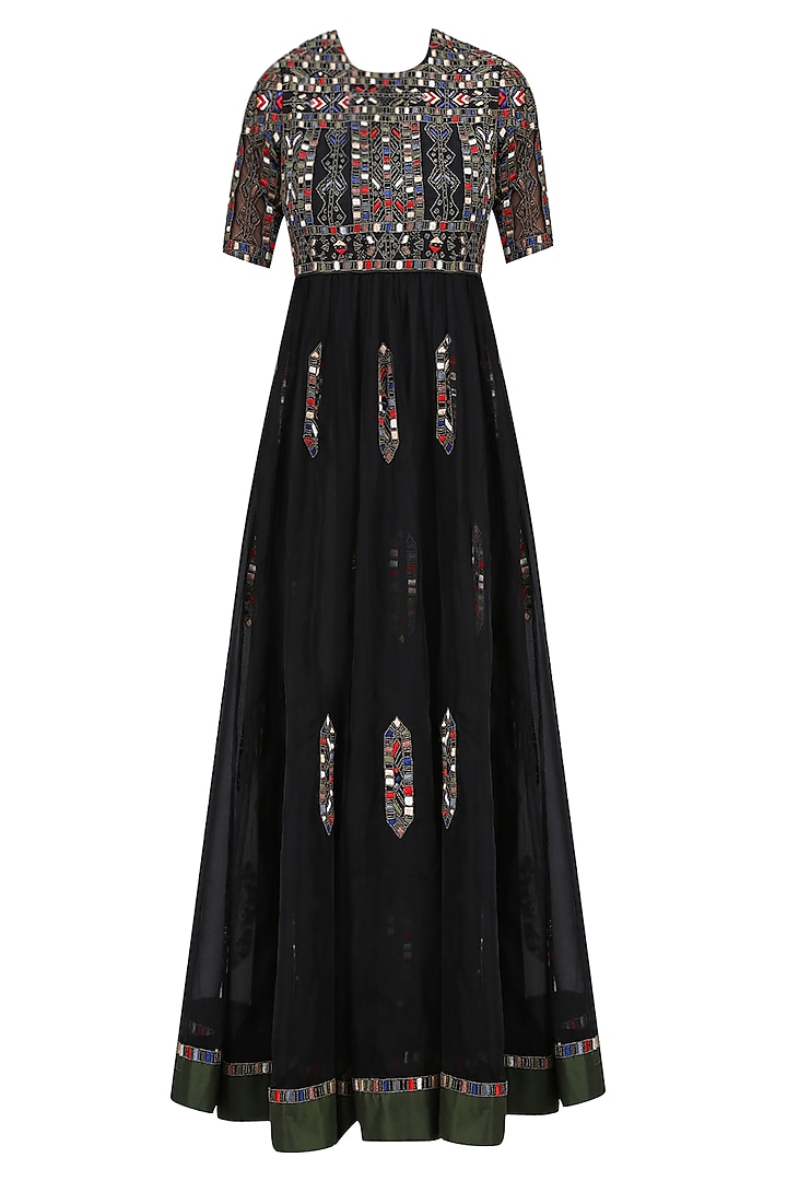 Black Geometric Pattern Glass Beads Embroidered Dress by Shasha Gaba