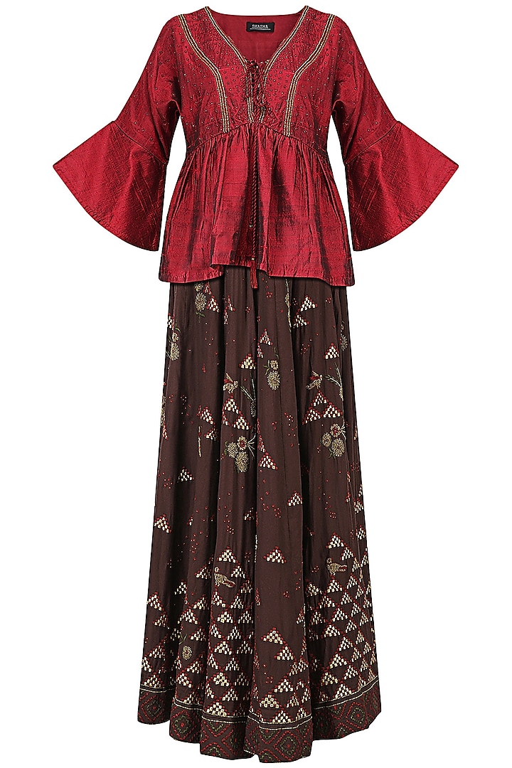 Brown Embroidered Lehenga with Red Kaftan Style Blouse by Shasha Gaba