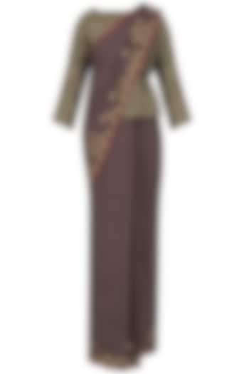 Grey embroidered saree with olive green blouse available only at Pernia's Pop Up Shop.