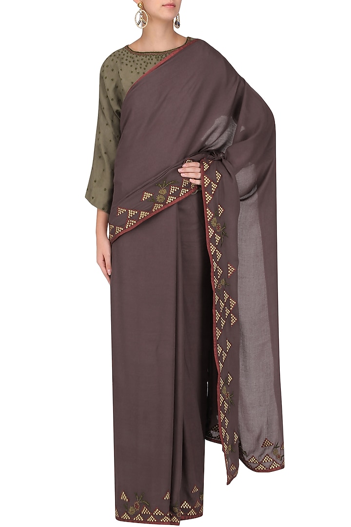 Grey embroidered saree with olive green blouse available only at Pernia's Pop Up Shop.
