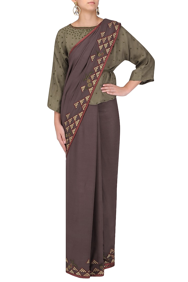 Grey embroidered saree with olive green blouse available only at Pernia's Pop Up Shop.