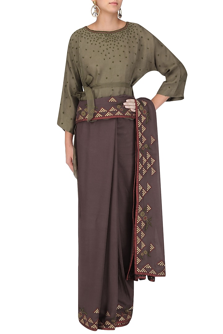 Grey embroidered saree with olive green blouse available only at Pernia's Pop Up Shop.