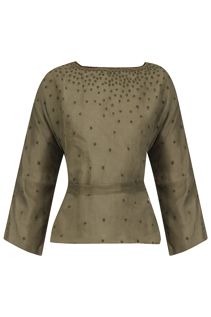Grey embroidered saree with olive green blouse available only at Pernia's Pop Up Shop.