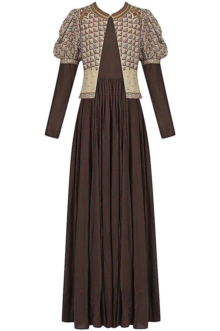 Brown Embroidered Pleated Anarkali with Nude Short Jacket by Shasha Gaba