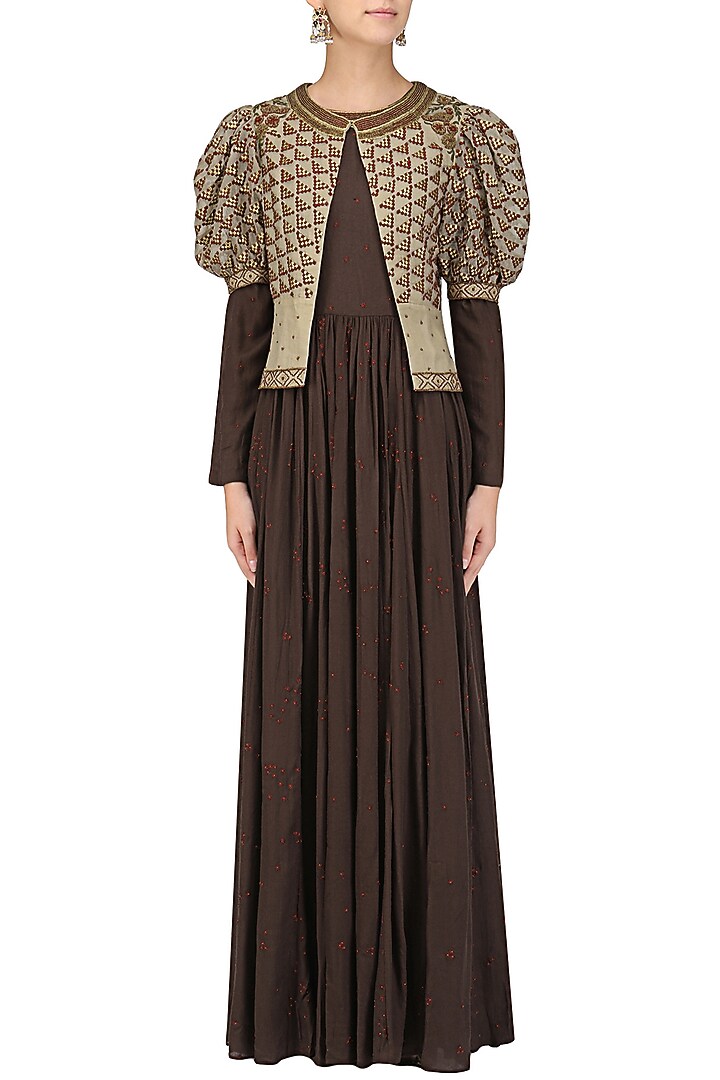 Brown embroidered pleated anarkali with nude short jacket available only at Pernia's Pop Up Shop.