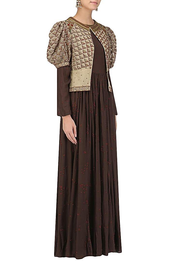 Brown embroidered pleated anarkali with nude short jacket available only at Pernia's Pop Up Shop.