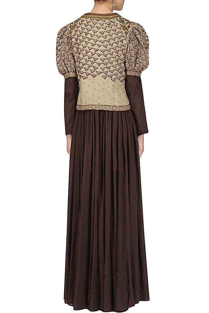 Brown embroidered pleated anarkali with nude short jacket available only at Pernia's Pop Up Shop.