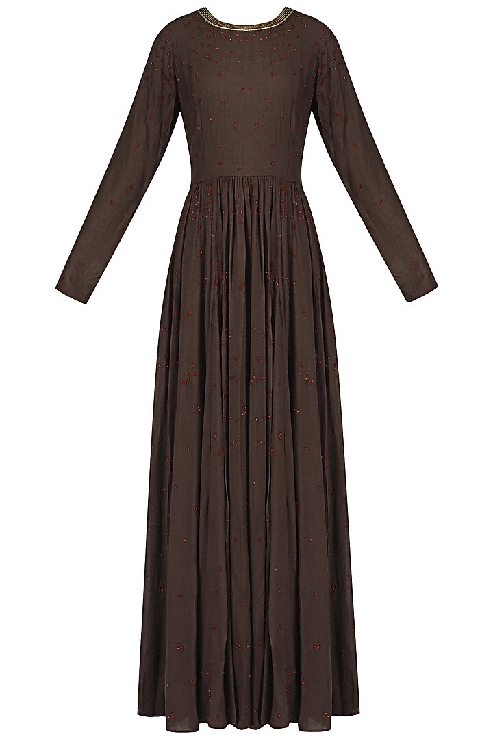 Brown embroidered pleated anarkali with nude short jacket available only at Pernia's Pop Up Shop.
