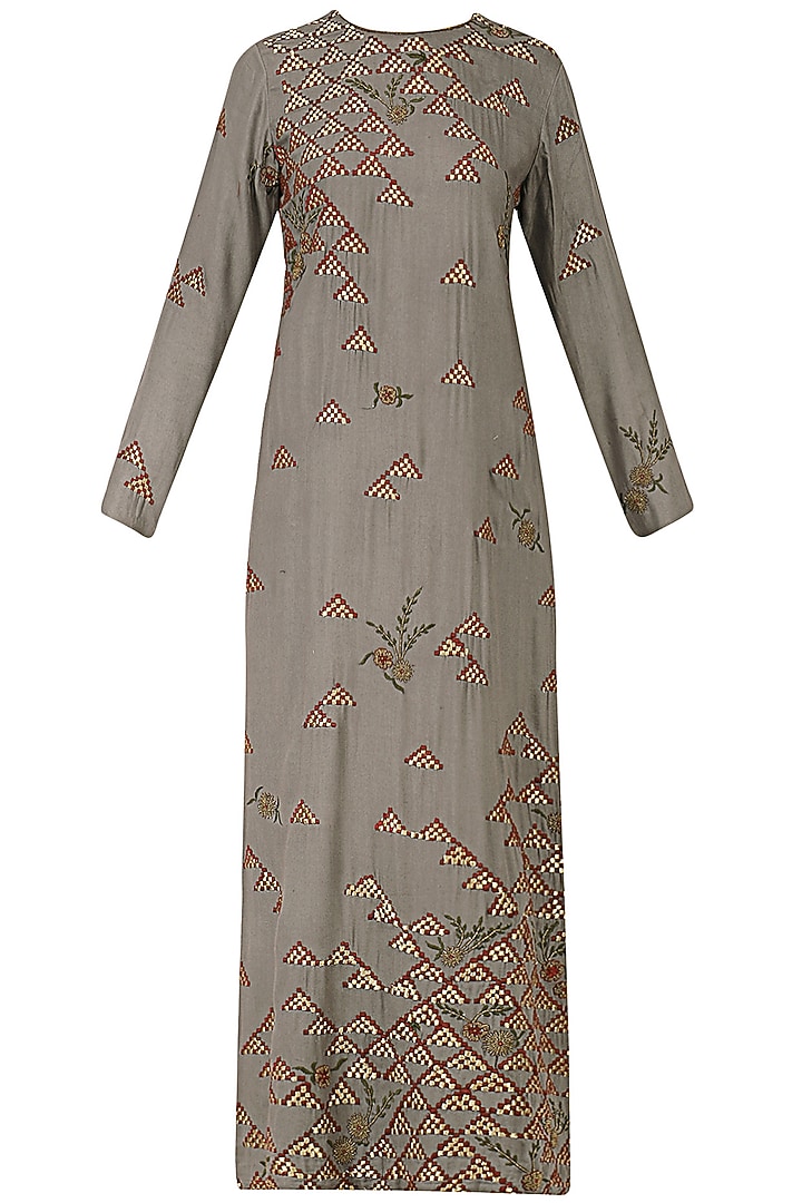 Grey embroidered long kurta and pants available only at Pernia's Pop Up Shop.