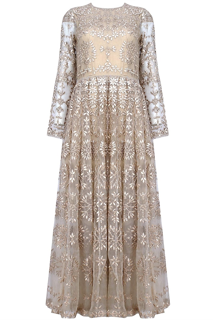 Nude Tonal Floral Thread And Sequins Embroidered Valentine Dress by Shasha Gaba