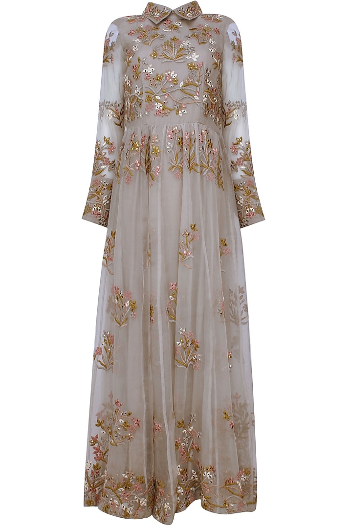 Grey Tonal Floral Thread And Sequins Embroidered Valentine Collared Dress by Shasha Gaba