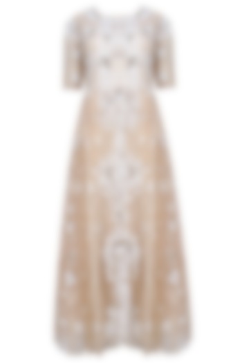 Nude And Ecru Floral 3D Embroidered Motifs Flared Dress by Shasha Gaba