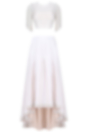 Ecru Resham Embroidered Crop Top And High Low Skirt Set by Shasha Gaba