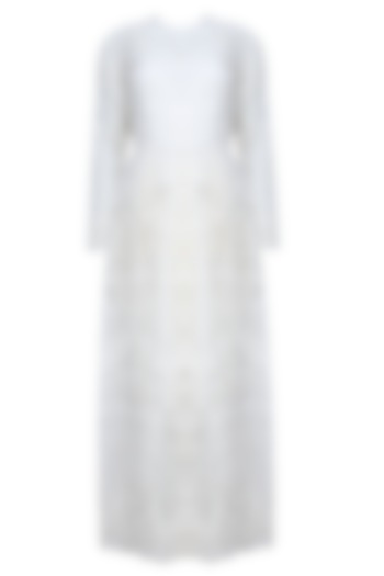 Nude And Ecru Floral Thread Embroidered Flared Pleated Dress by Shasha Gaba
