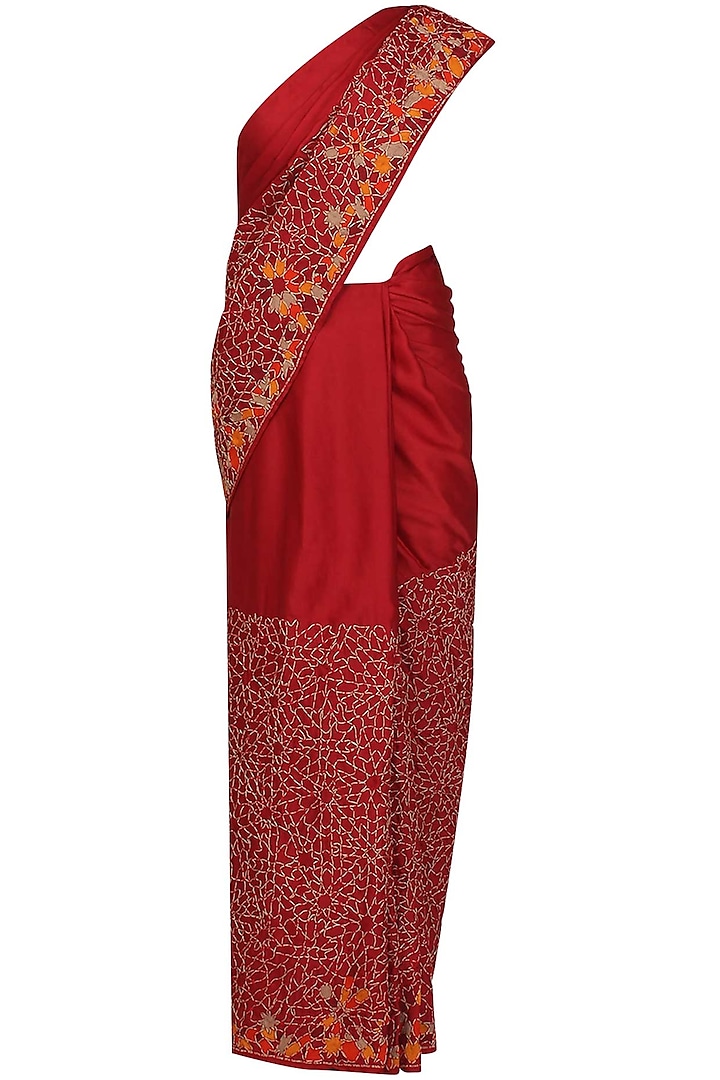 Red mosaic embroidered saree with beige blouse by Shasha Gaba