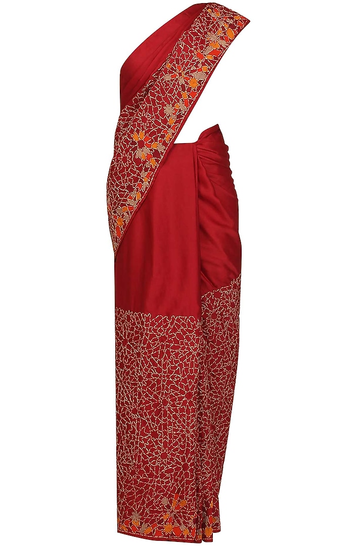Red mosaic embroidered saree with beige blouse available only at Pernia's Pop Up Shop.