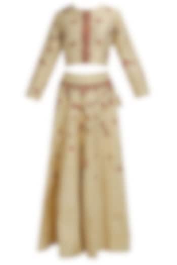 Beige and red mosaic applique work lehenga set available only at Pernia's Pop Up Shop.