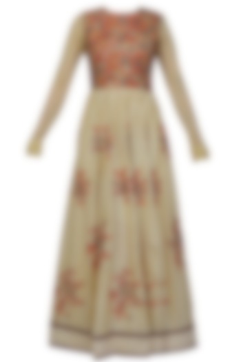 Beige and red mosaic embroidered floor length dress by Shasha Gaba