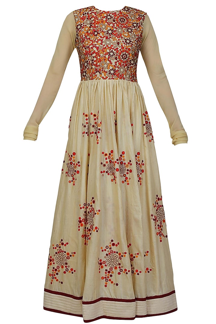 Beige and red mosaic embroidered floor length dress by Shasha Gaba