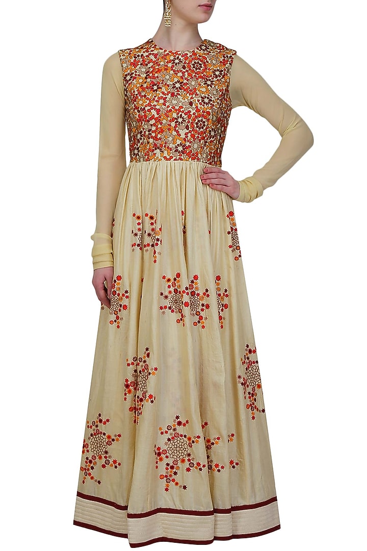 Beige and red mosaic embroidered floor length dress available only at Pernia's Pop Up Shop.