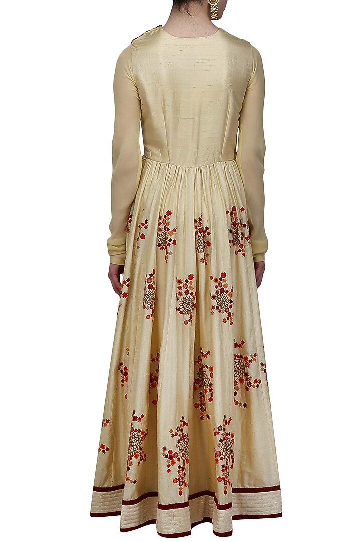 Beige and red mosaic embroidered floor length dress available only at Pernia's Pop Up Shop.