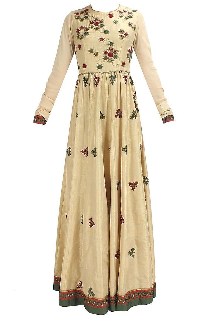 Biege, olive greena and red floral thread and sequins embroidered anarkali by Shasha Gaba