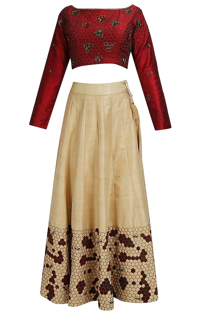 Maroon floral embroidered blouse and beige hexagon lehenga set by Shasha Gaba