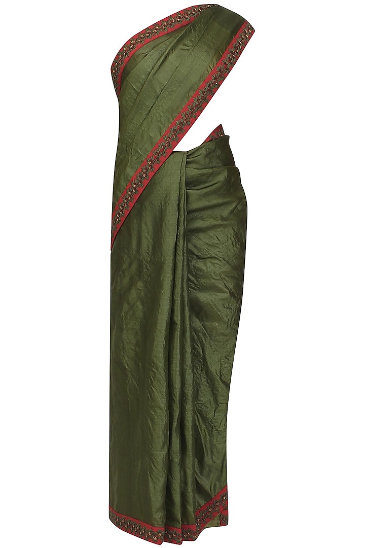 Olive green floral embroidered saree with beige blouse by Shasha Gaba