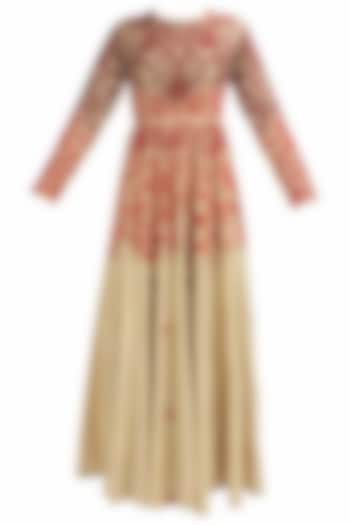 Biege and red floral thread and beads embroidered dress available only at Pernia's Pop Up Shop.