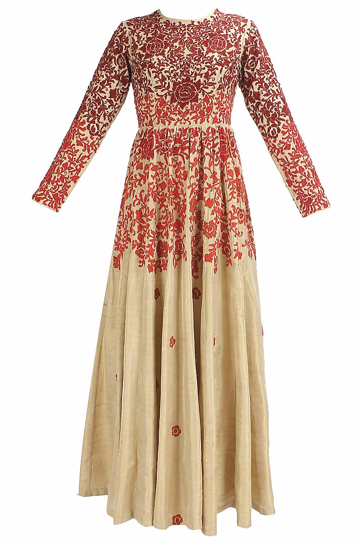 Biege and red floral thread and beads embroidered dress by Shasha Gaba
