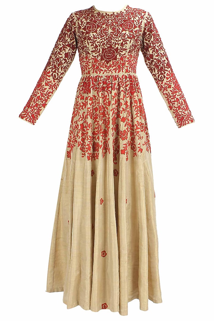 Biege and red floral thread and beads embroidered dress available only at Pernia's Pop Up Shop.
