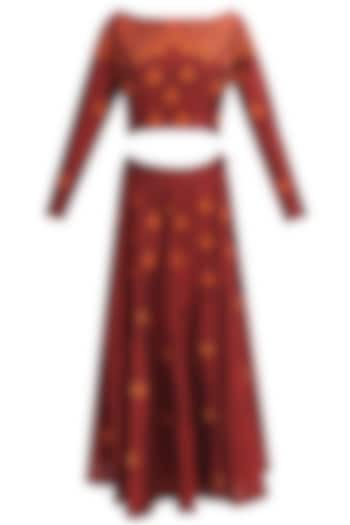 Red floral thread and gold beads embroidered lehenga set available only at Pernia's Pop Up Shop.