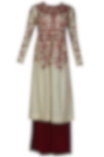 Cream and red floral thread embroidered kurta and maroon palazzo pants set available only at Pernia's Pop Up Shop.