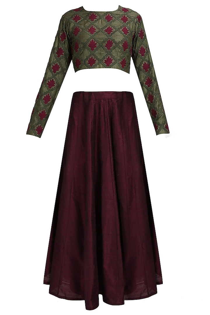 Olive green and red floral thread embroidered blouse and maroon lehenga set by Shasha Gaba
