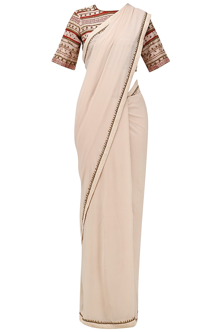 Beige Saree with Embroidered Blouse by Shasha Gaba