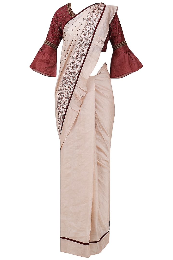 Beige Saree with Polka Dots and Red Embroidered Blouse by Shasha Gaba