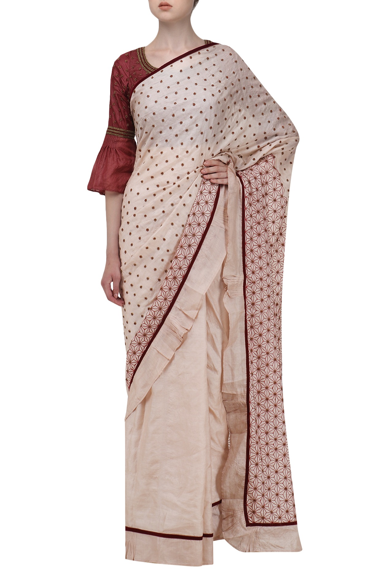 Buy Sirona Fashion Beige color Linen Silk with contrast border and blouse  at Amazon.in