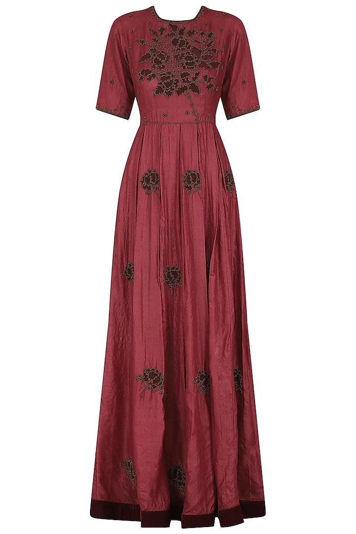 Red Embroidered Anarkali Gown by Shasha Gaba