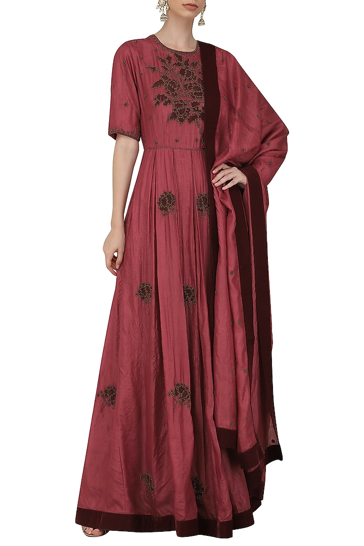 Red embroidered anarkali gown available only at Pernia's Pop Up Shop.