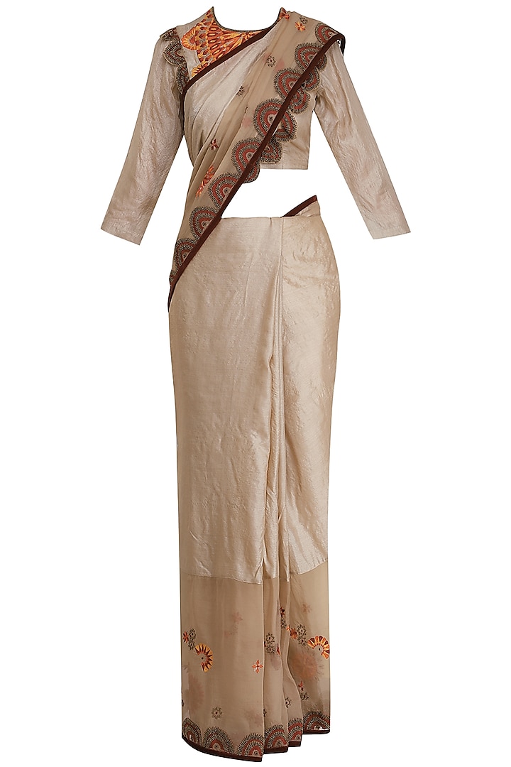 Beige Mosiac Saree with Embroidered Blouse by Shasha Gaba
