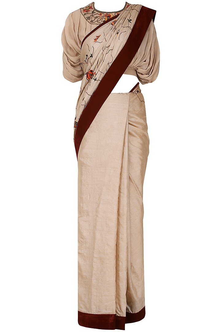 Beige Floral Embroidered Saree with Gathered Sleeves Blouse by Shasha Gaba
