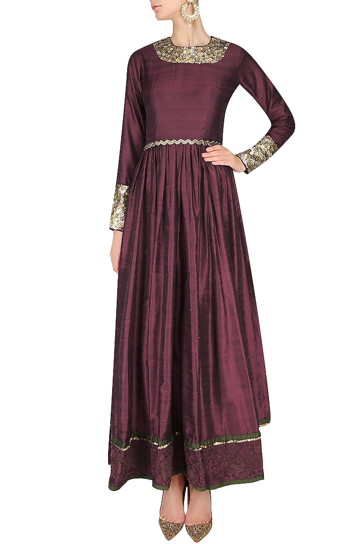 Wine french knot embroidered floor length anarkali available only at Pernia's Pop Up Shop.