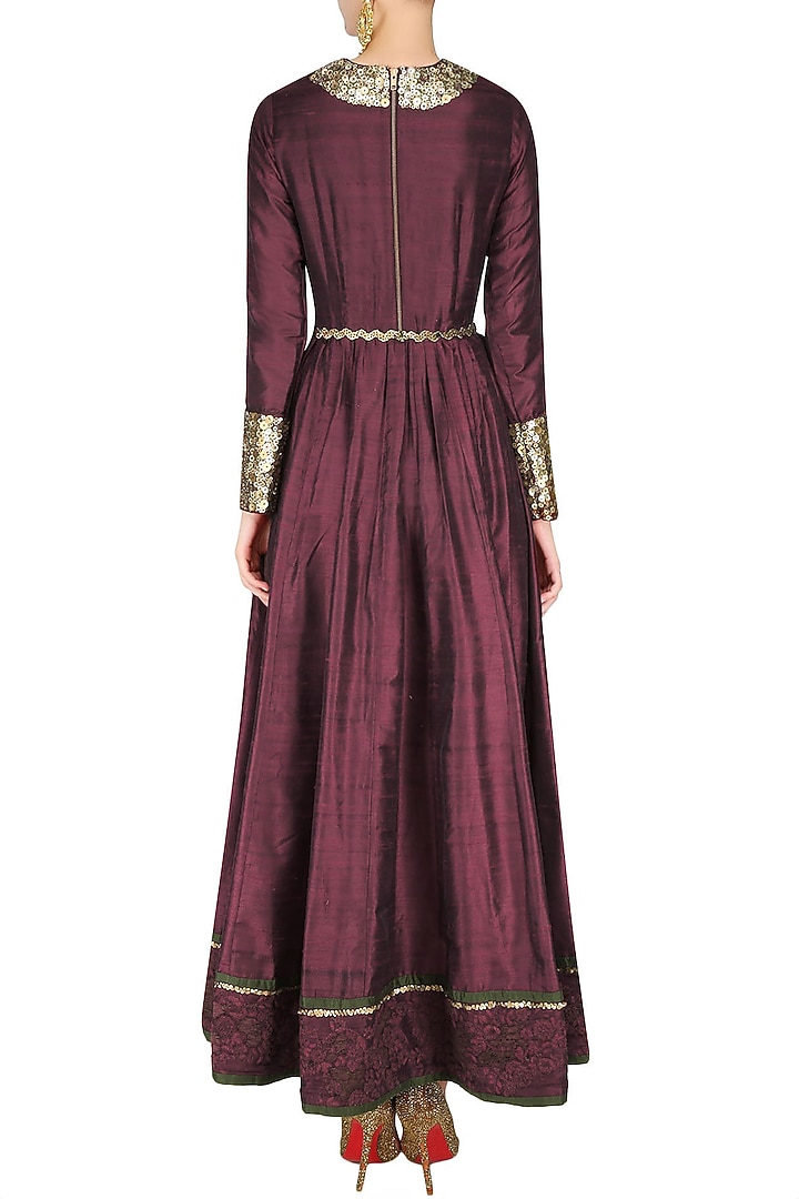 Wine french knot embroidered floor length anarkali available only at Pernia's Pop Up Shop.