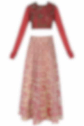 Red and nude "Gopi bandhani" embroidered lehenga set available only at Pernia's Pop Up Shop.