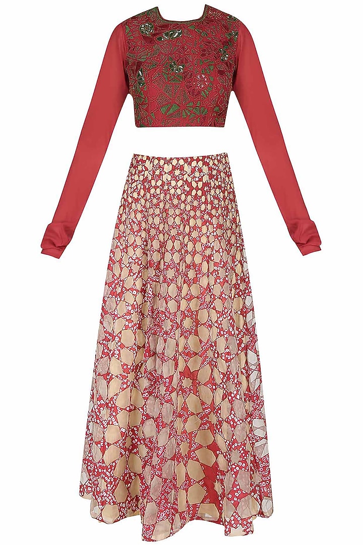 Red and nude "Gopi bandhani" embroidered lehenga set available only at Pernia's Pop Up Shop.