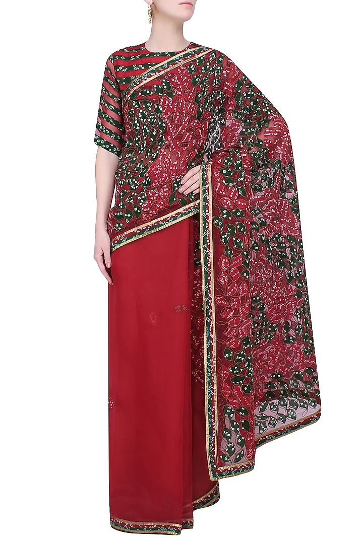 Maroon and olive green bandhani saree with maroon blouse available only at Pernia's Pop Up Shop.