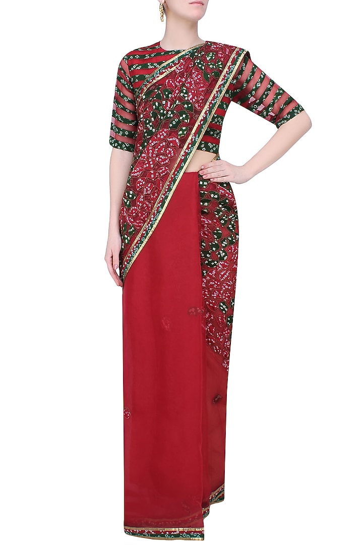Maroon and olive green bandhani saree with maroon blouse available only at Pernia's Pop Up Shop.