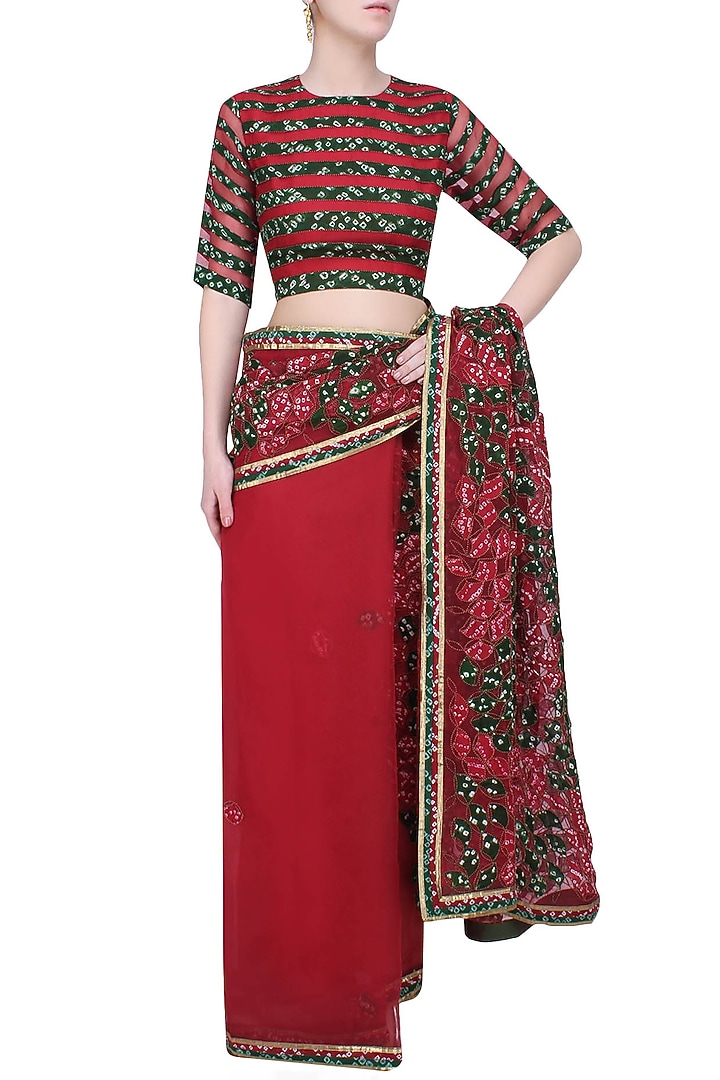 Maroon and olive green bandhani saree with maroon blouse available only at Pernia's Pop Up Shop.