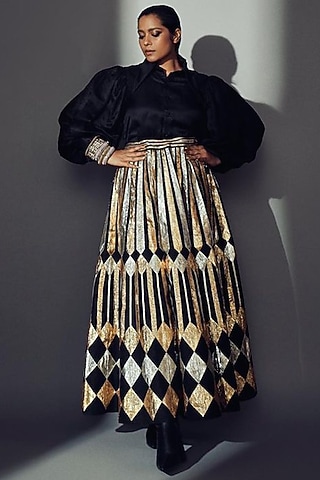 Black Cotton Silk Embroidered Skirt by Gulabo By Abu Sandeep