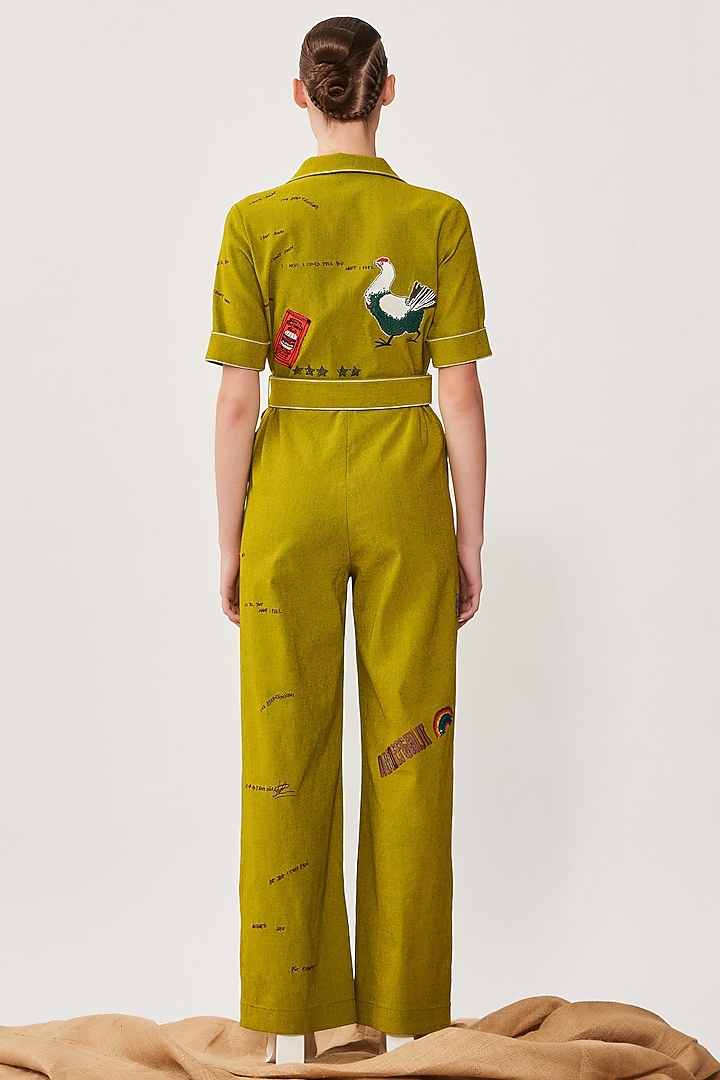 Green Denim Jumpsuit With Belt by Shahin Mannan at Pernia's Pop Up Shop